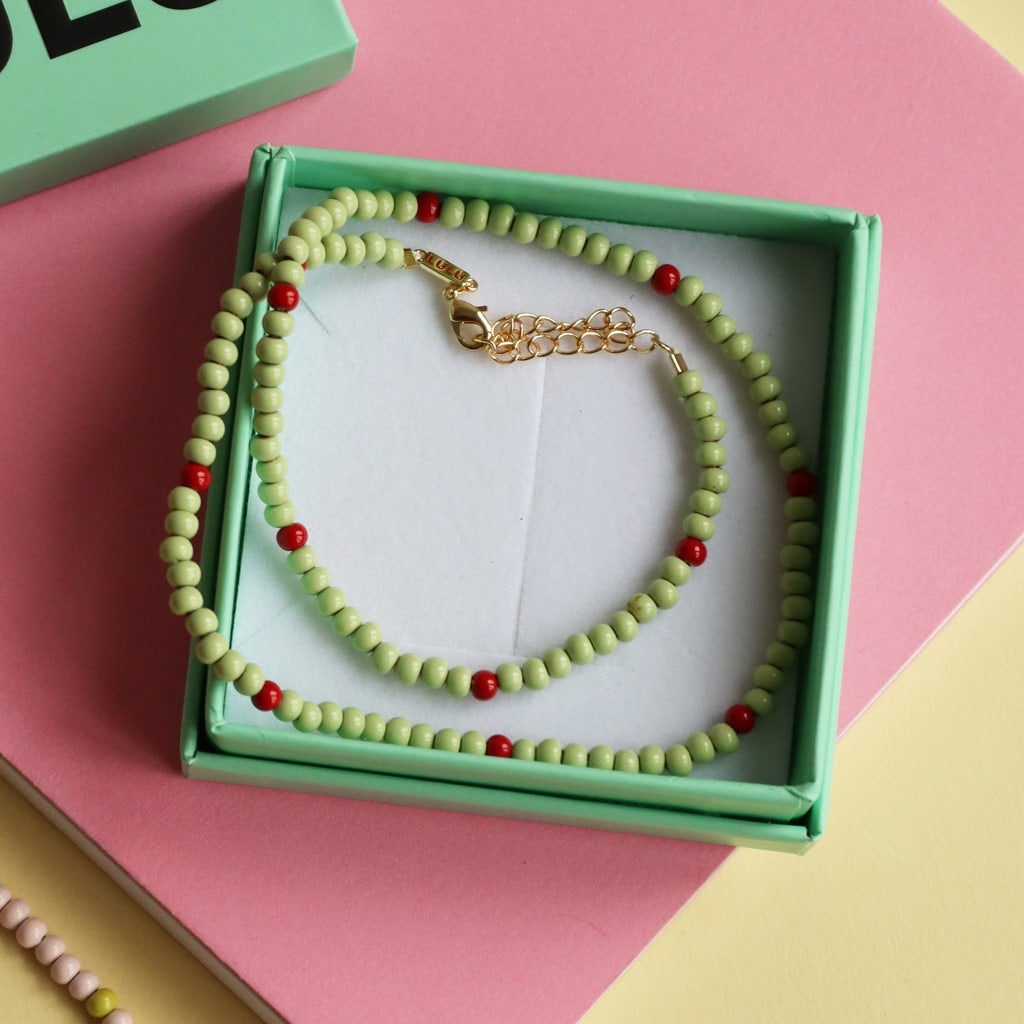 LULU Copenhagen Color Ball Necklace Necklaces Silk Light Green/Passion Red